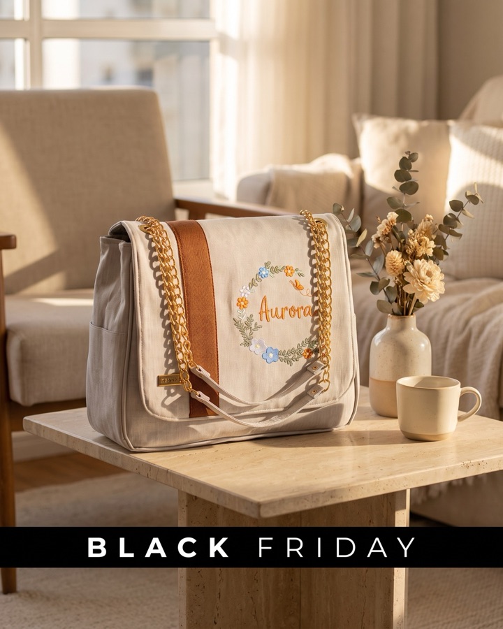 Criativo de Black Friday: Bolsa maternidade em ambiente